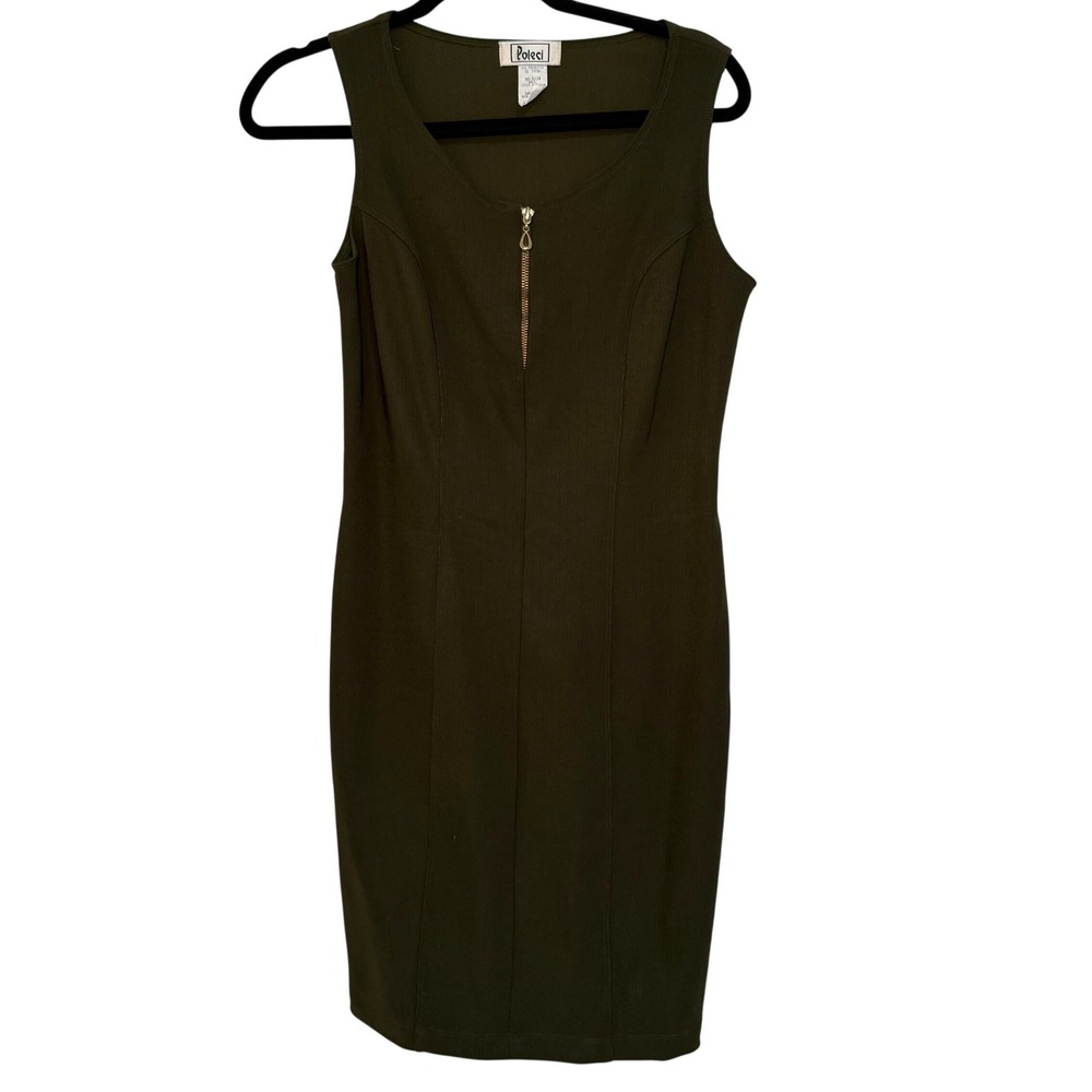 NWt Vintage Poleci Olive Sheath Dress Sleeveless Zip Front Women M Classic